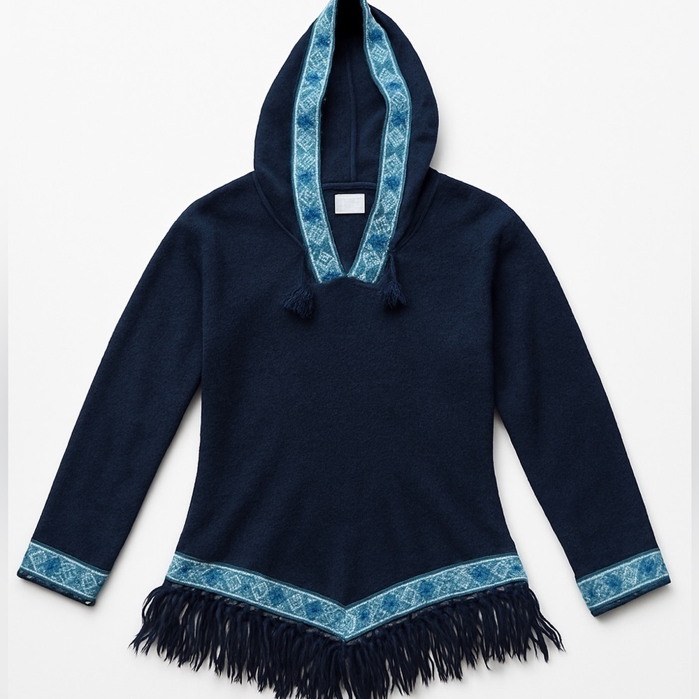 100% Baby Alpaca Wool Fringe Hooded Hoodie Knit Tassel Peru Pullover Sweater S